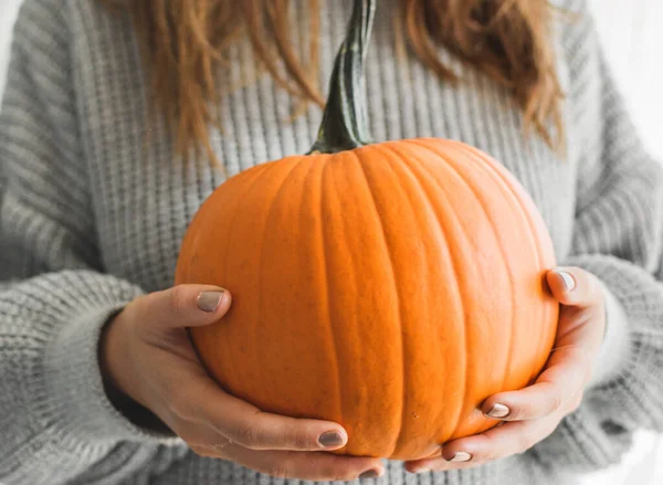 Una Hembra Suéter Acogedor Sosteniendo Una Calabaza — Foto de Stock