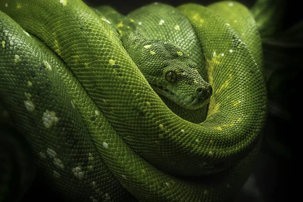 Närbild Söt Grön Träd Python — Stockfoto