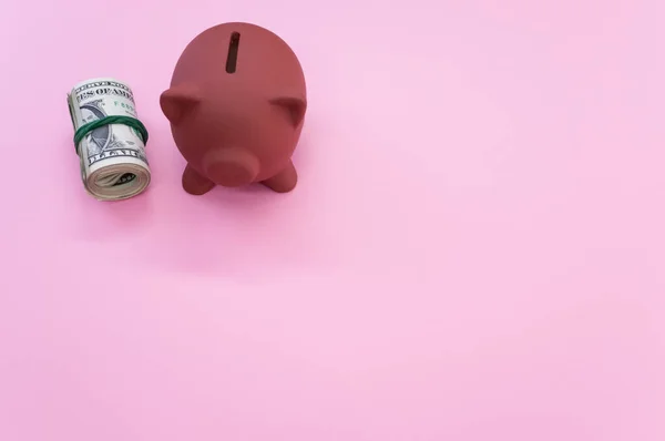 Tiro Ângulo Alto Notas Dólar Banco Porquinho Uma Superfície Rosa — Fotografia de Stock