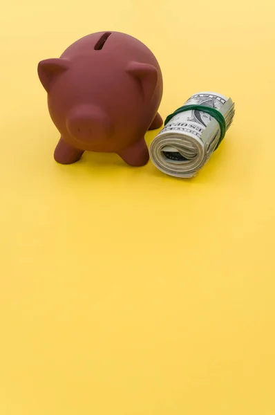 一个垂直拍摄的美元钞票和一个小猪银行在一个黄色的表面 — 图库照片
