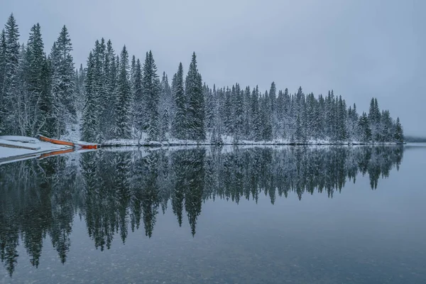 Μια Ήρεμη Λίμνη Τις Αντανακλάσεις Των Χιονισμένων Δέντρων Ορατή Ομιχλώδη — Φωτογραφία Αρχείου