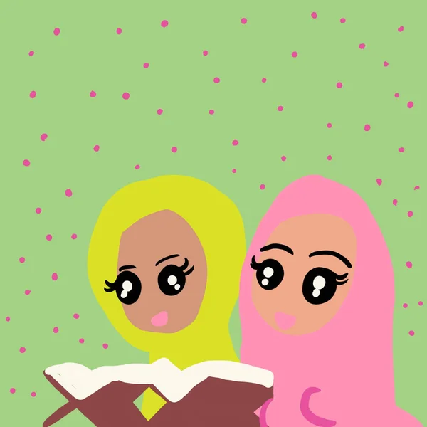 Μια Πολύχρωμη Απεικόνιση Των Χαριτωμένων Γυναικείων Χαρακτήρων Ανάγνωση Ιερά Γραπτά — Φωτογραφία Αρχείου