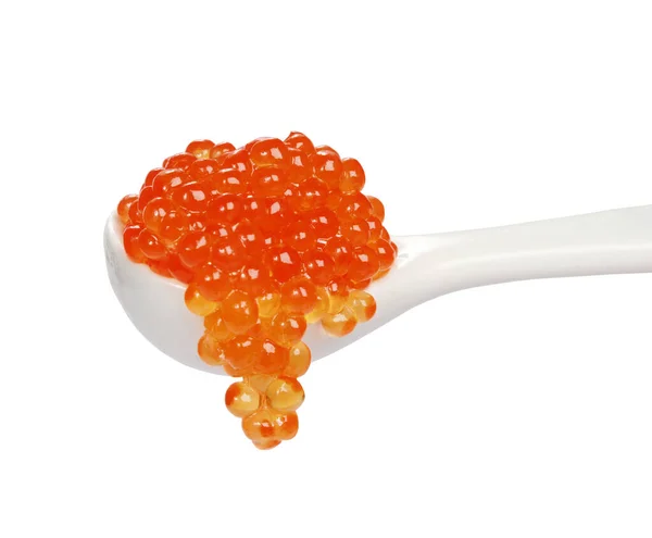 Ein Weißer Löffel Mit Orangefarbenem Kaviar Auf Weißem Hintergrund — Stockfoto