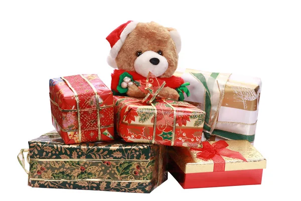 Banda Krásně Zabalené Vánoční Dárky Roztomilým Medvídkem Izolované Bílém Pozadí — Stock fotografie