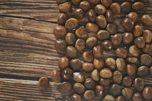 Top View Chestnuts Brown Wooden Background Copy Space Text — Stock Photo, Image