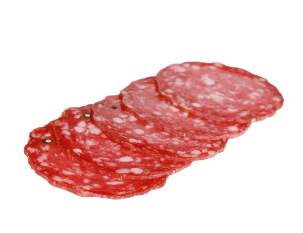 Pedaços Fatiados Salame Fresco Fumado Isolado Fundo Branco — Fotografia de Stock