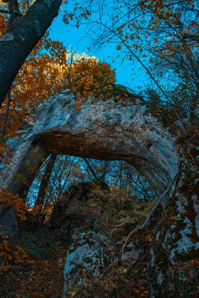 Tiro Vertical Uma Rocha Forma Arco Parque Árvores Coloridas Outono — Fotografia de Stock