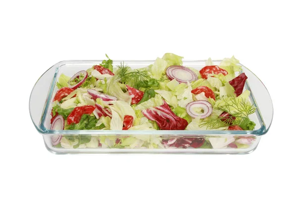 Una Ensalada Verduras Plato Vidrio Aislado Sobre Fondo Blanco — Foto de Stock