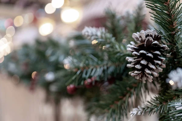 Fondo Navideño Con Las Ramas Los Juguetes Los Reflejos Lugar — Foto de Stock