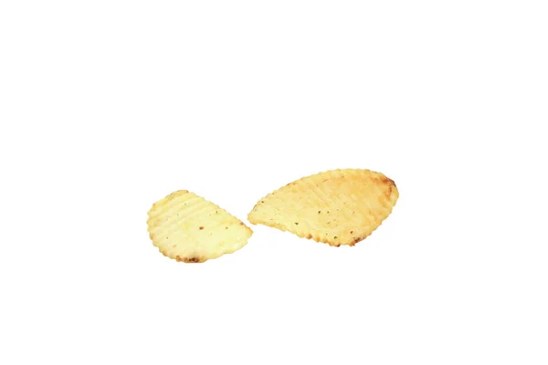 Два Вкусных Хрустящих Соленых Картофельных Чипса Белом Фоне — стоковое фото