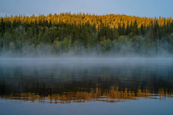 Grande Lago Calmo Frente Uma Floresta Outono Dia Nebuloso — Fotografia de Stock