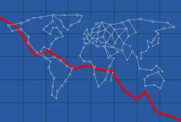 Noktaya Bağlı Bir Dünya Haritasındaki Ekonomik Azalma Çizgisinin Mavi Bir — Stok fotoğraf