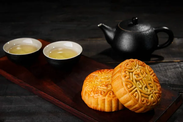 High Angle Shot Mooncakes Cup Tea Wooden Surface — Stock Photo, Image