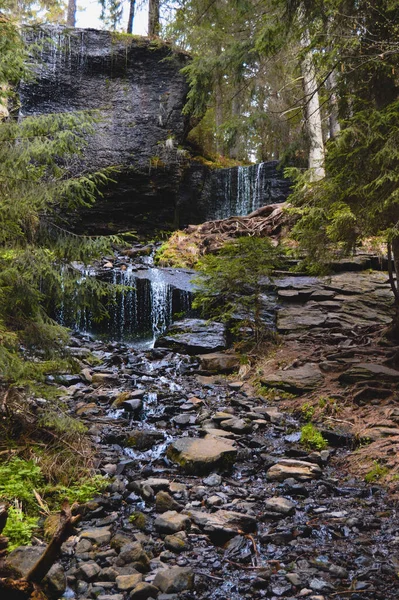 Close Uma Cachoeira Cênica Uma Floresta Misteriosa — Fotografia de Stock