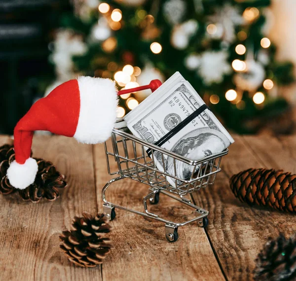 Closeup Christmas Decorations Mini Shopping Cat Money Surrounded Pine Cones — Stock Fotó
