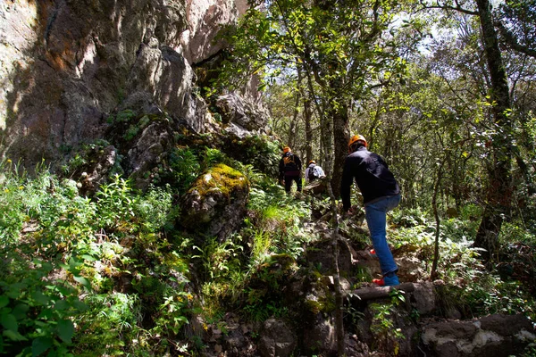 Primer Plano Escaladores Roca Caminando Roca Través Del Bosque — Foto de Stock