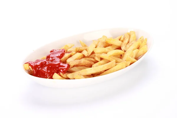 Närbild Bild Bild Skål Full Pommes Frites Och Catsup Isolerad — Stockfoto