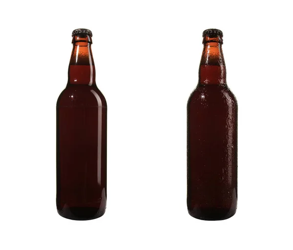 Duas Garrafas Cerveja Marrom Isoladas Fundo Branco — Fotografia de Stock