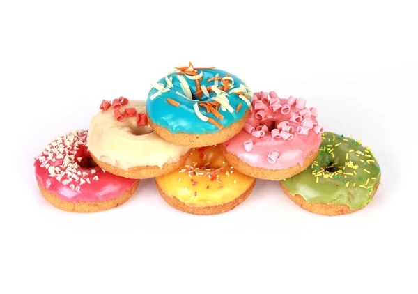 Eine Nahaufnahme Von Einem Haufen Bunter Süßer Donuts Isoliert Auf — Stockfoto