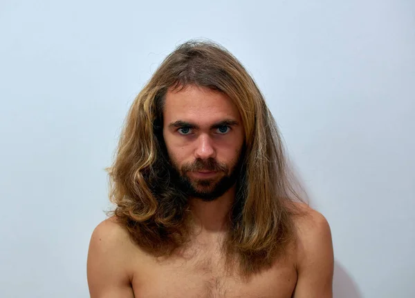 Closeup Shot Young Man Long Beautiful Hair Beard — Stock Photo, Image