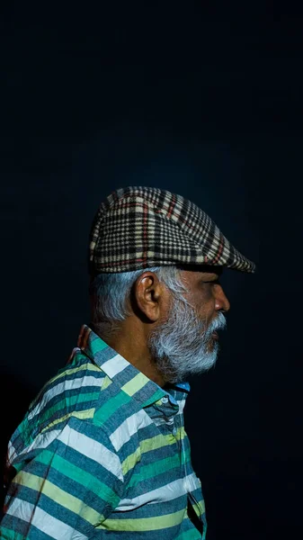 Side View Bearded Asian Senior Man Wearing Stylish Hat Isolated — Stock Photo, Image