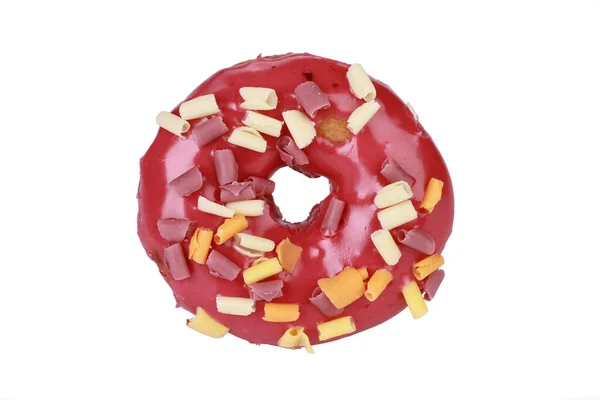 Eine Isolierte Draufsicht Auf Rosa Glasierten Donut Auf Weißem Hintergrund — Stockfoto