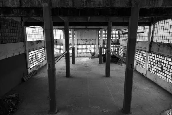 Сірий Знімок Інтер Єру Покинутої Промислової Будівлі Колонами — стокове фото