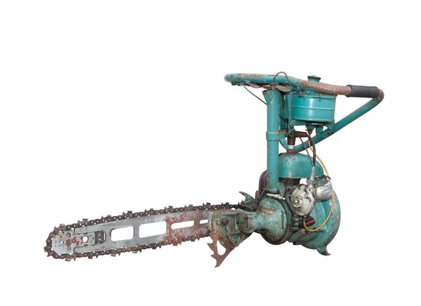 Turquoise Rusty Industrial Chainsaw Isolated White Background — Stock Photo, Image