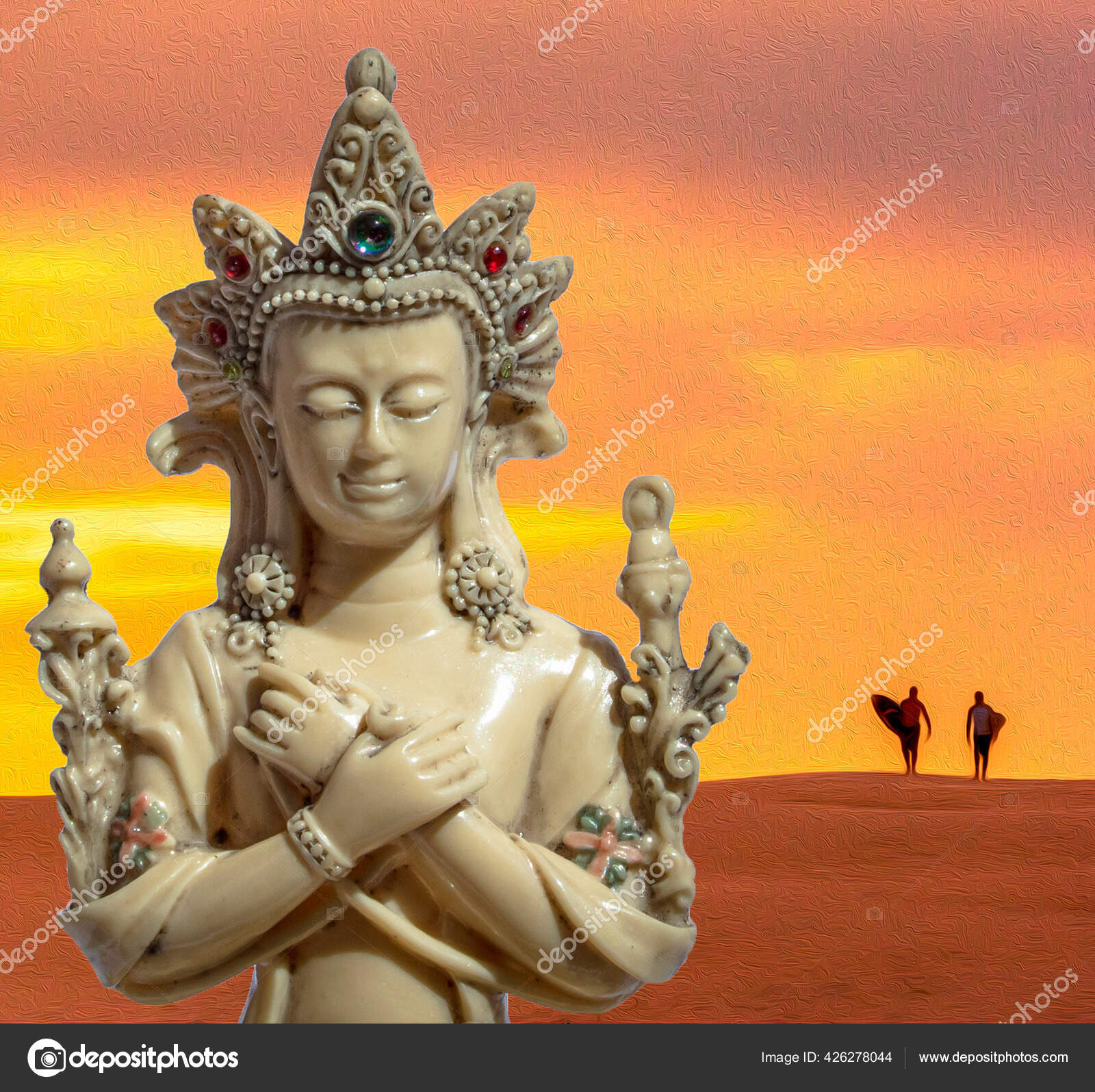 Close Estátua Deusa Hindu Lakshmi Com Ilustração Fundo — Foto © Wirestock  #426278044, image size:1600x1595