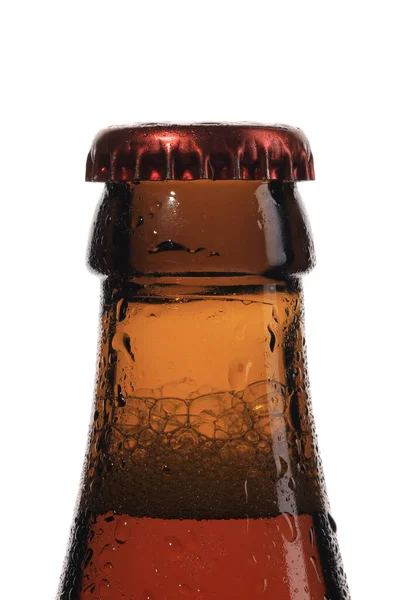 Крупним Планом Знімок Шиї Пляшки Пива Білому Тлі — стокове фото
