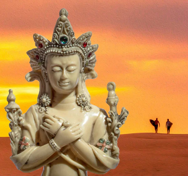 Een Close Van Hindoe Godin Lakshmi Standbeeld Met Illustratie Achtergrond — Stockfoto
