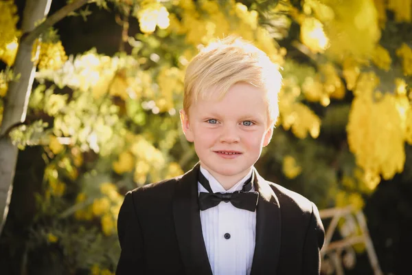 Portrait Cute Little Blonde Boy Black Suit Bow Tie — Fotografie, imagine de stoc