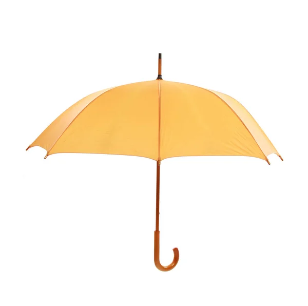 Eine Nahaufnahme Auf Einem Aufgerissenen Gelben Regenschirm Mit Braunem Ende — Stockfoto