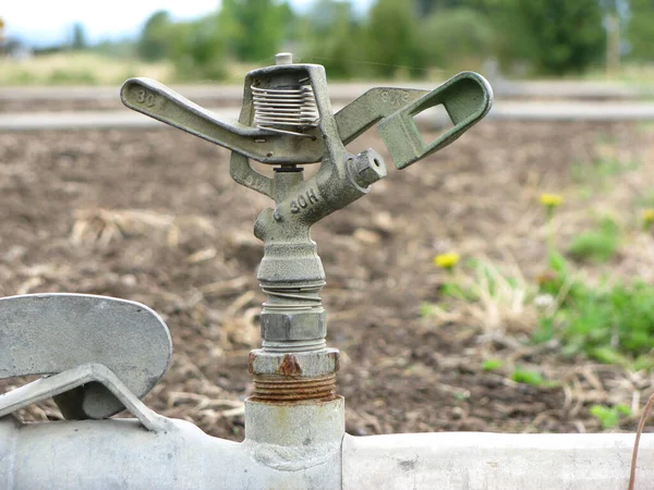 Eine Selektive Fokusaufnahme Einer Rustikalen Sprinkleranlage Zur Bewässerung Einem Bauernhof — Stockfoto