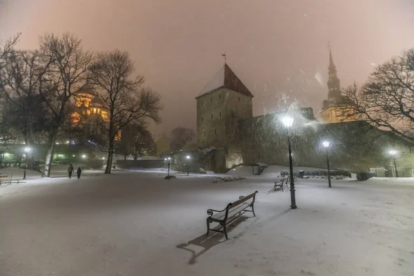 Vinter Natt Scen Med Den Tunga Snöfall Historiska Tallinns Stadsmur — Stockfoto