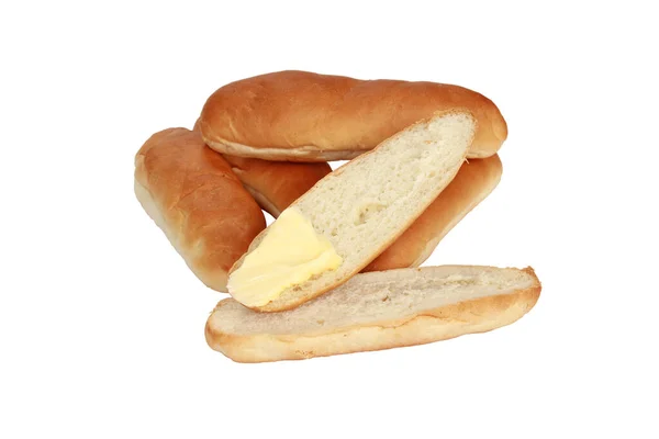 Een Gesneden Brood Met Boter Andere Broden Geïsoleerd Een Witte — Stockfoto