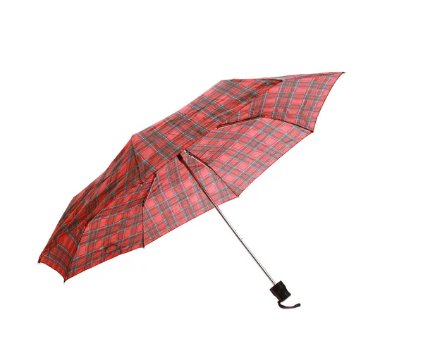 Closeup Opened Red Checkered Umbrella Black Ending White Background — Stock Photo, Image