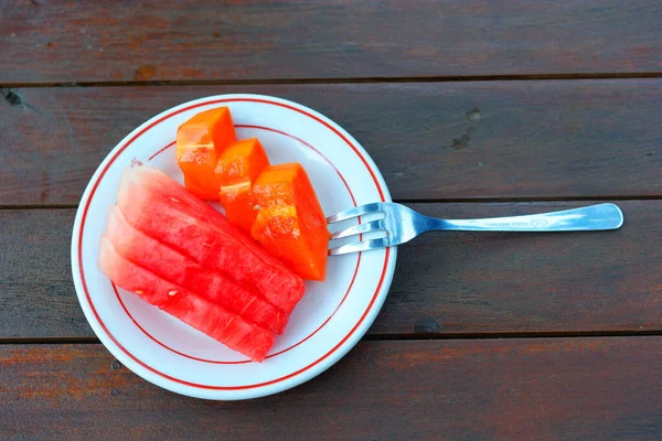 Top View Sliced Watermelon Plate Fork — Stock Photo, Image