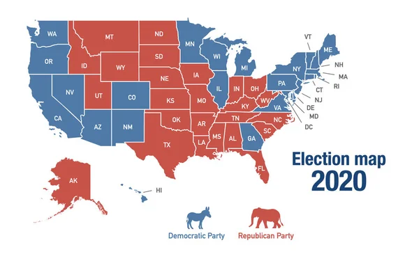Map of 2020 USA presidential elections results, illustrated per state
