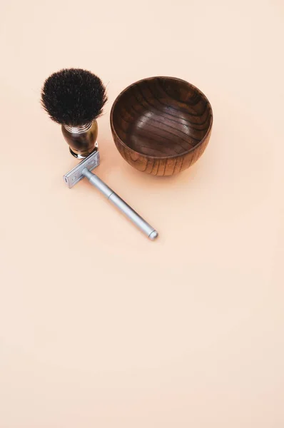 High Angle Shot Wooden Shaving Water Bowl Shaving Brush Razor — Stock Photo, Image