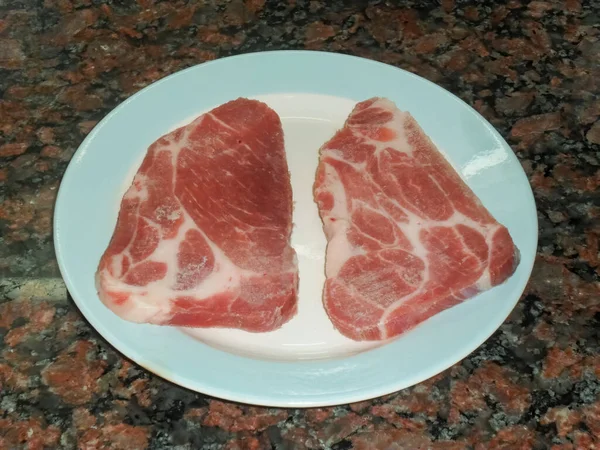 High Angle Shot Two Fresh Juicy Raw Bondiola Fillet Stakes — 스톡 사진