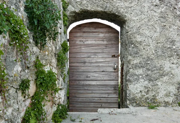 Старая Деревянная Дверь Каменной Арке — стоковое фото