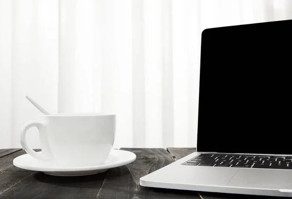 Closeup Laptop Cup Coffee Wooden Desk Indoors — Stock Photo, Image