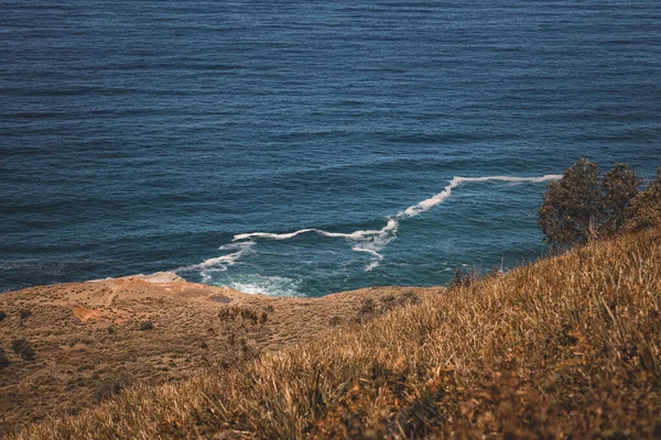 澳大利亚新南威尔士州海岸的一个长满青草的悬崖上看到的大海的高角照片 — 图库照片