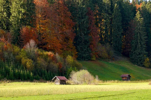 Dvě Dřevěné Chaty Allgaeu Německého Oberstdorfu Podzimní Krajina — Stock fotografie