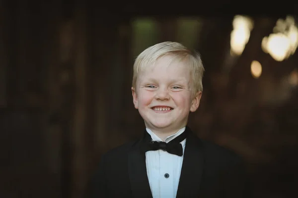 Portrait Handsome Young Boy Wearing Suit Bow Tie Special Occasion — Stock fotografie