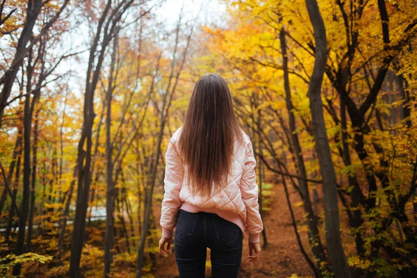 Uma Visão Traseira Uma Jovem Fêmea Parque Outono — Fotografia de Stock