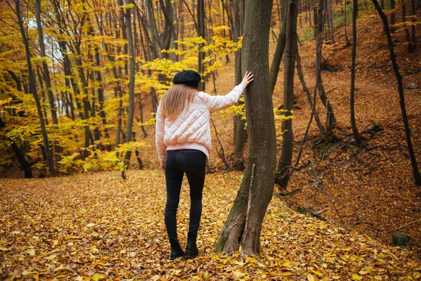 Sonbahar Parkındaki Genç Bir Kadının Arka Görüntüsü — Stok fotoğraf