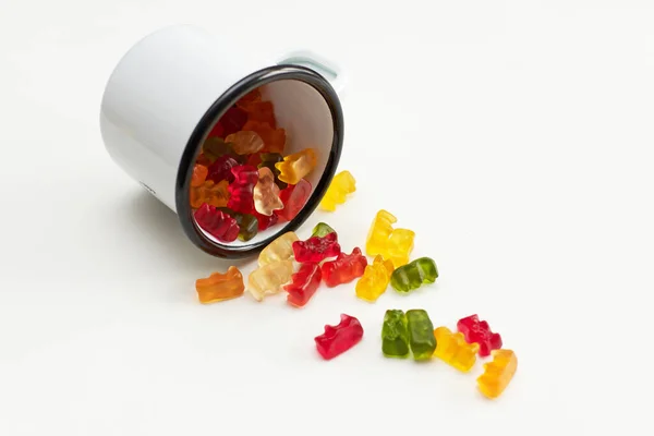 Closeup Shot Colorful Gummy Bears Falling Out Cup — Stock Photo, Image