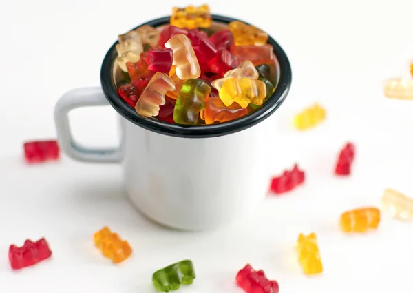 Cup Colorful Gummy Bears White Background — Stock Photo, Image